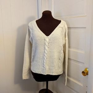 White Knitted Sweater with Cable Knit Detail Front